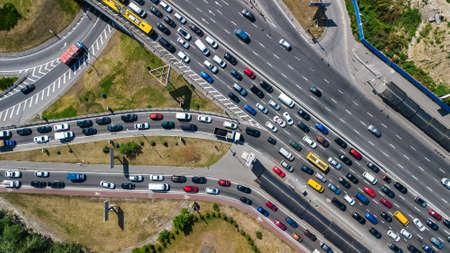 Aerial top view of road junction from above, automobile traffic and jam of many cars, transportation conceptのeditorial素材