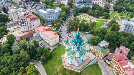 Aerial drone view of Saint Andrew's church and Andreevska street from above, cityscape of Podol district, city of Kiev (Kyiv), Ukraineのeditorial素材