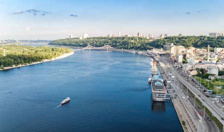 Kyiv cityscape aerial drone view, Dnipro river, downtown and Podol historical district skyline from above, city of Kiev and Dnieper, Ukraineのeditorial素材
