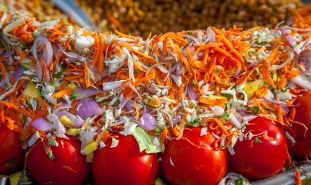 decorated sliced vegetables in road side indian shop