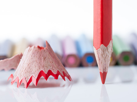 Sharpened pencil and wood shavingsの写真素材