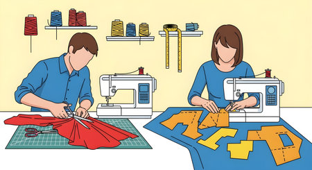 Sewing workshop. Man and woman at work. Vector illustrationの素材