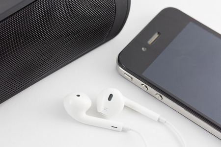 White Earphone , woofer and Smartphone equipment set isolated on white background : iPhoneの写真素材