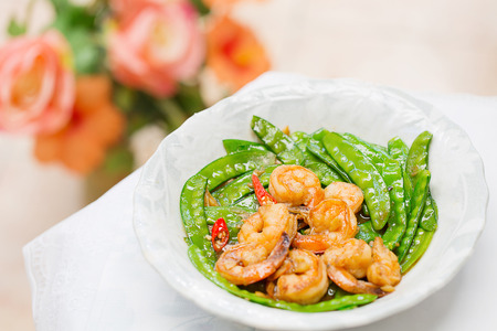 Stir Fry Snow Peas with Prawns.の写真素材