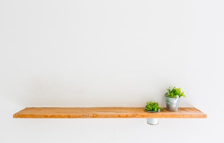 Wooden shelf on white wall with green plant.の写真素材