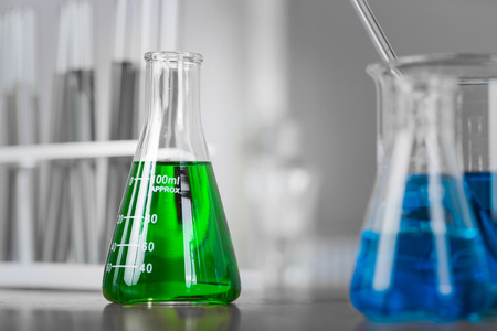 Close up test tube medical glassware on table.の写真素材