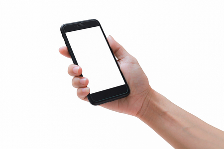Closeup shot of a woman holding on mobile phone. with clipping pathの写真素材