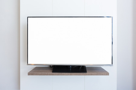 TV television screen blank on white wall background. with clipping pathの写真素材