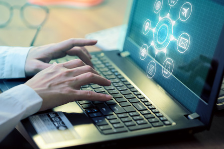 Man Typing Keyboard Laptop Hand with Researching Process.の写真素材