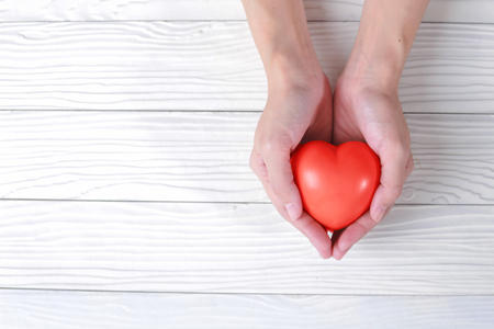Hands holds a red heart. Beautiful white background. Valentine Day concept.の写真素材