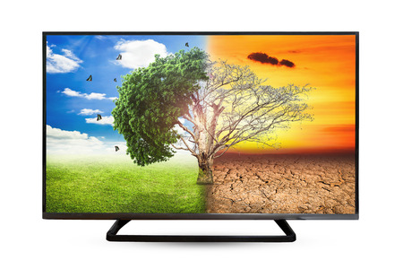 Television monitor water reflection isolated on white background.の写真素材