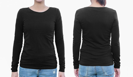 Young female with blank black shirt, front and back.の写真素材