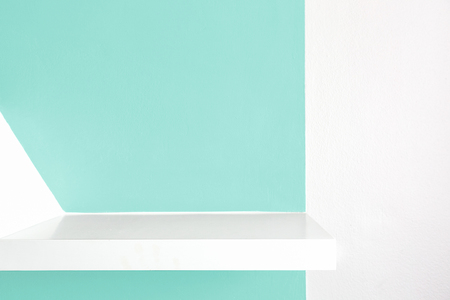 Empty white shelf, retail shelves from plywood frame. blue colorの写真素材