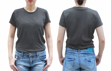 Young woman in grey shirt on white background.の写真素材
