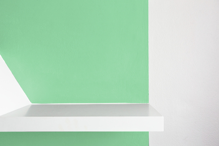 Empty white shelf, retail shelves from plywood frame. green colorの写真素材