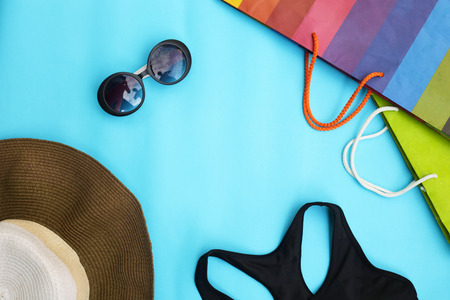 Collage of accessories women's object on blue background.の写真素材
