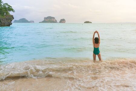 Portrait beautiful young asian woman wear bikini on the beach in holiday vacation time.の写真素材