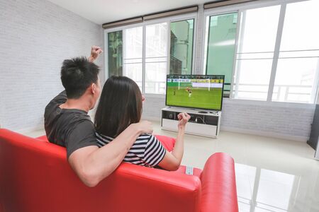 Soccer fans watching football on television in living room.の写真素材