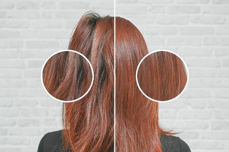 Healthy hair care keratin. Before and after treatment.の写真素材