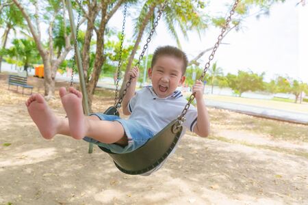 Smiling boy playing happiness on a swing with playground.の写真素材