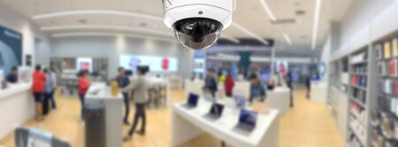CCTV security panorama with shop store blurry background.