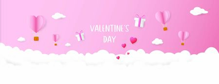 Illustration of love and valentine day with heart baloon, gift and clouds. Paper cut style.のイラスト素材