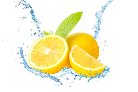 Fresh lemon and water splash on white background.の写真素材
