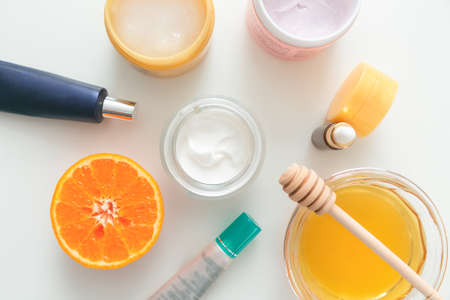 Composition with cosmetic cream on white background. top viewの写真素材
