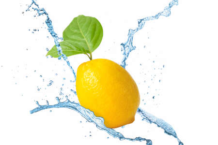 Fresh lemon and water splash on white background.の写真素材