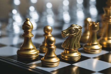 Gold pawn surrounded by gold chess pieces on a chess board.の写真素材