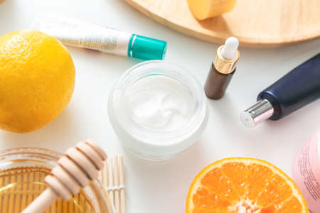 Composition with cosmetic cream on white background. top viewの写真素材