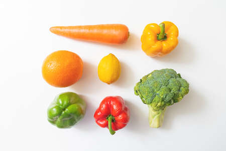 Various vegetables and fruits isolated on white background. top view. Concept of healthyの写真素材