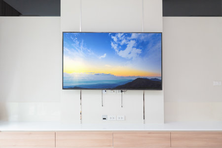 TV on the wall in modern living room. Landscape on screenの写真素材