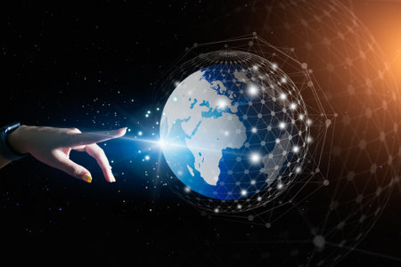 Businessman holding in hands with global connection concept.の写真素材