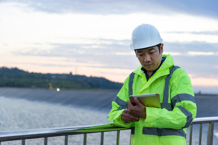 Young engineer man looking and checking wind turbines at field outdoor.の写真素材