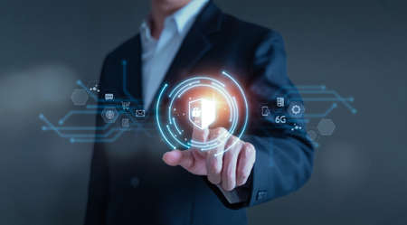 Businessman using fingerprint scanning unlock to business data network. Biometric identification and...