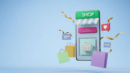 3D Smartphone with shopping bag, chat message. Online shopping on social media app concept.
