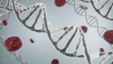 DNA molecule with red blood structure on background. Biochemistry concept. 3D illustrations