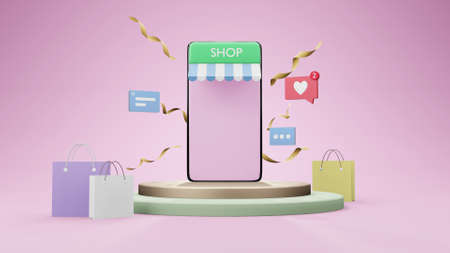 3D Smartphone with shopping bag, chat message. Online shopping on social media app concept.の写真素材