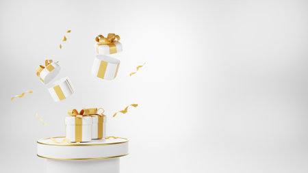 Christmas 3d style Product podium scene with flying falling white gift box with gold bow. Merry Christmas and New Year concept.の写真素材