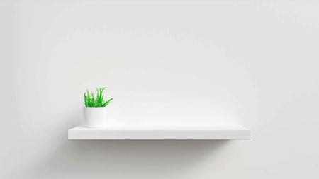 3D illustration. Empty white shop shelf, retail shelf with pot plant on white background.の写真素材
