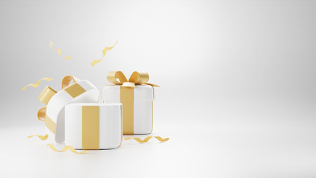 3D illustration, Gold gift boxes open and closed isolated on a light background. 3d render modern holiday surprise box.の写真素材