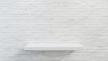 Empty white shop shelf, retail shelf on white concrete background.の写真素材