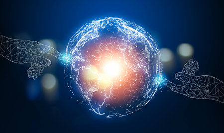 Hands touching Global communication network concept. Environmental technology.の写真素材