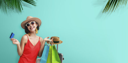 Trendy beautiful young asian woman carrying colorful bags shopping online with credit card isolated on blue background. copy spaceの写真素材