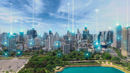 City scape with connecting dots for networking and communication in twilight.の写真素材