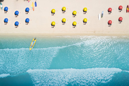 Aerial view from flying drone. Relaxing on beach in Thailand.の写真素材
