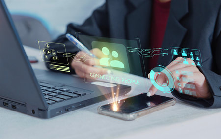 Business hand touching smartphone screen, headhunting and cooperation concept - Close up of man hand...