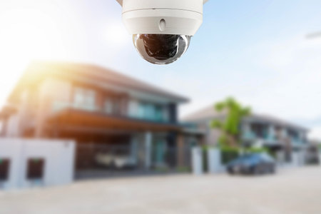 CCTV security camera, TV monitoring at house village building construction, security system concept.の写真素材