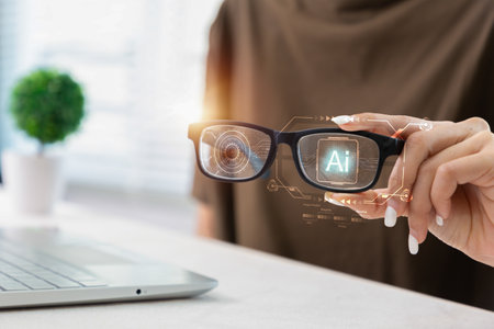 Hand holding Ai glasses virtual Global Internet connection metaverse. Digital marketing, Metaverse conceptの写真素材